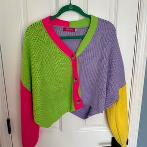 Dress in LALA Dragonfruit Boxy Colorblock Cardigan